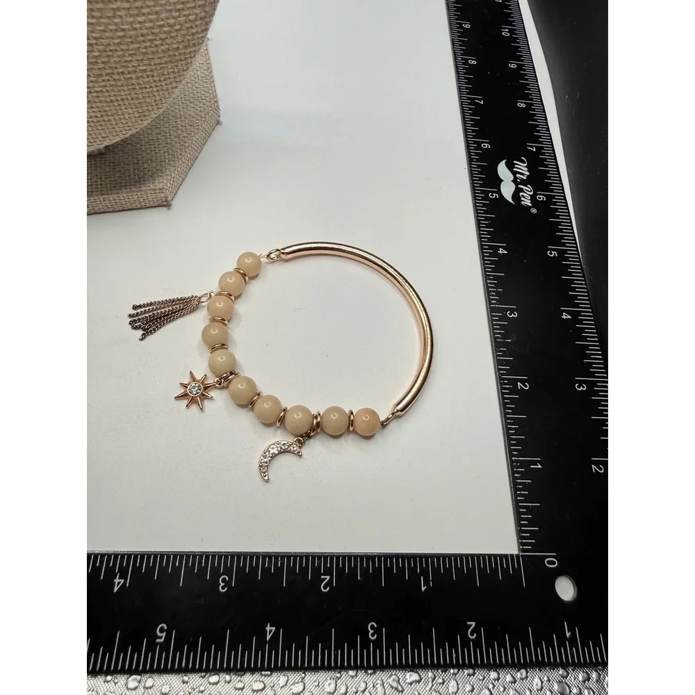 Rose Gold Celestial Charm Bracelet Moon Star Tassel Cream Beaded Stretch Bangle‎